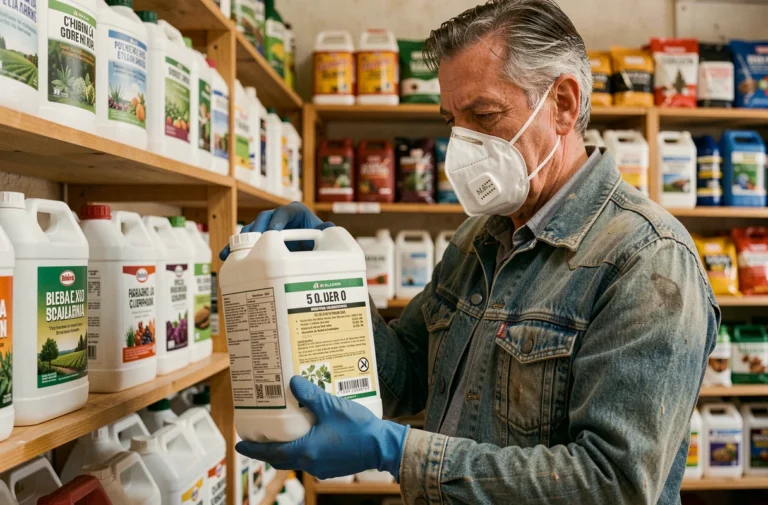 Agriculteur espagnol lisant l'étiquette d'un bidon de glyphosate 5 litres dans un magasin agricole avec équipement de protection