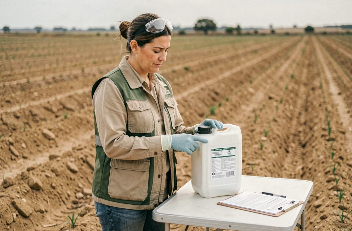 Agronome féminine inspectant un bidon de glyphosate homologué dans un champ agricole espagnol avec documents réglementaires