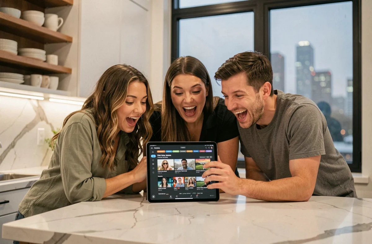 Groupe d'amis découvrant ensemble une nouvelle plateforme de streaming sur une tablette dans une cuisine moderne