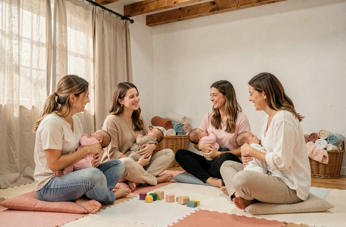Groupe de jeunes mères avec leurs bébés réunies lors d'un atelier de soutien parental en studio bien-être