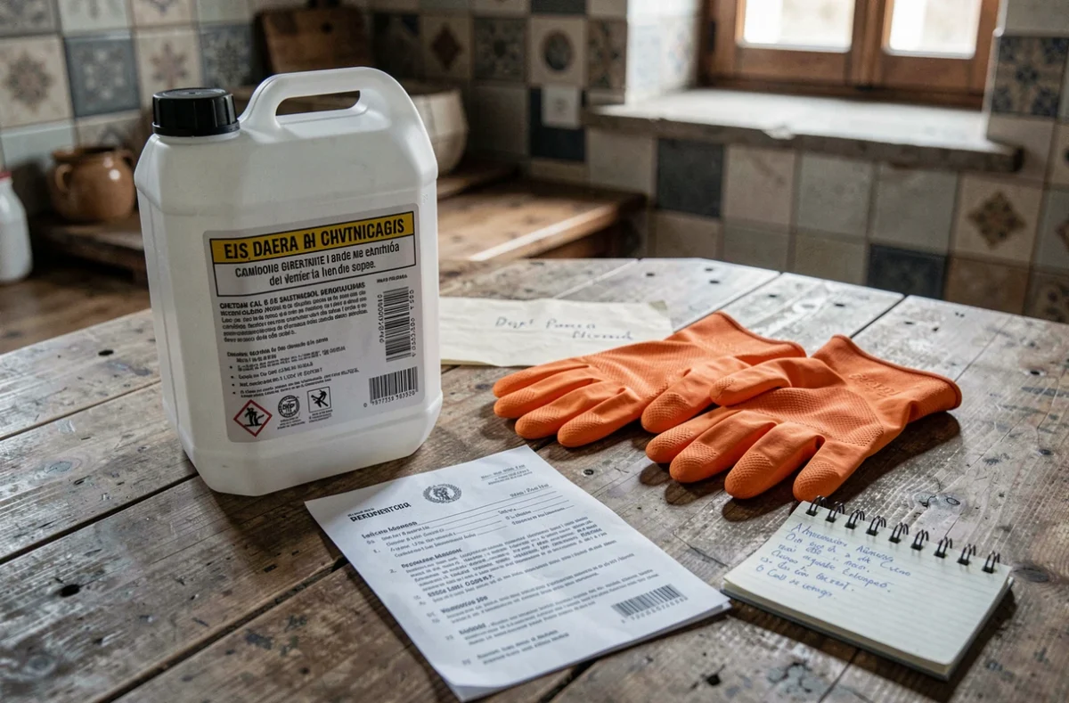Bidon de glyphosate 5 litres avec gants de protection, permis officiel espagnol et notes d'application sur une table en bois
