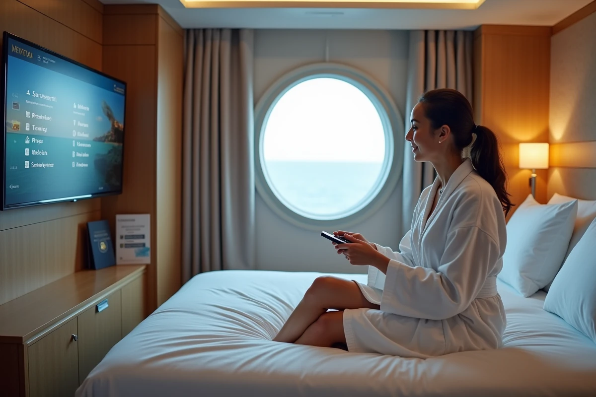 Femme en robe de chambre sélectionnant des chaînes TV dans une cabine de croisière