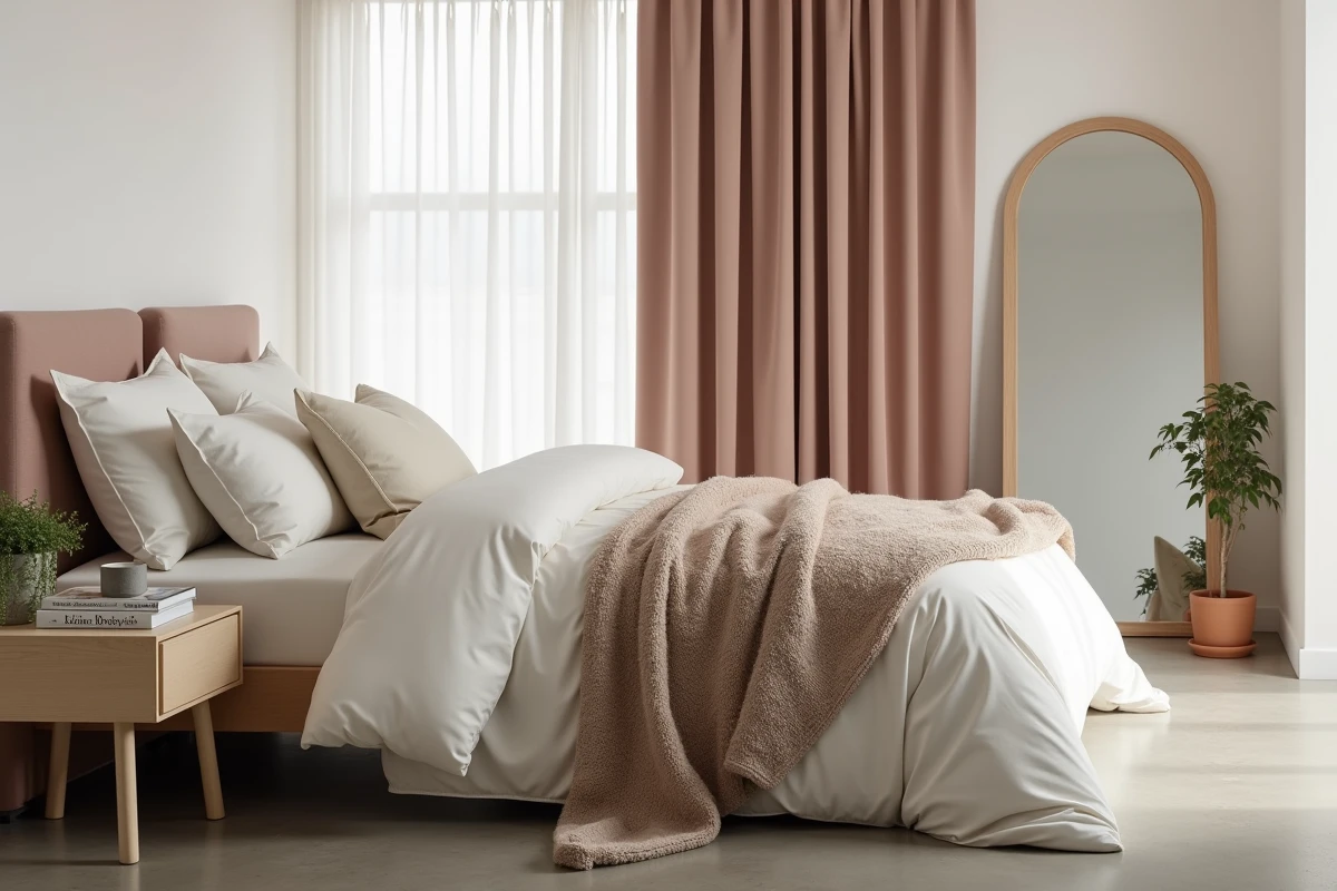 Chambre à coucher élégante et apaisante avec literie en coton biologique, rideaux en lin et décoration naturelle tendance