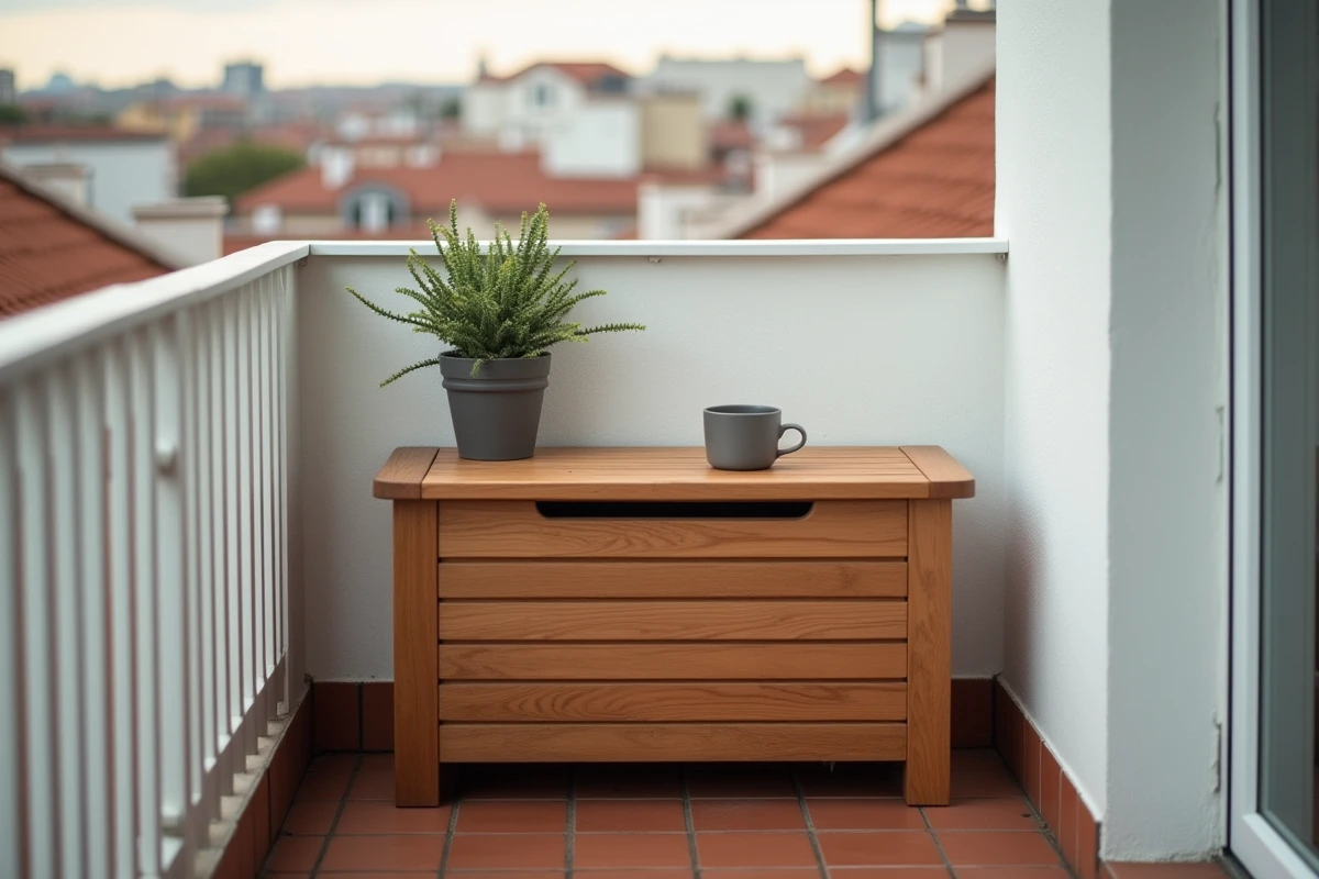 Petit coffre de rangement extérieur en bois sur un balcon urbain servant également de table d'appoint avec une plante succulente et une tasse en céramique