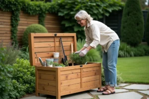 Femme rangeant des outils de jardinage dans un coffre de rangement extérieur en teck sur une terrasse en pierre entourée de plantes vertes