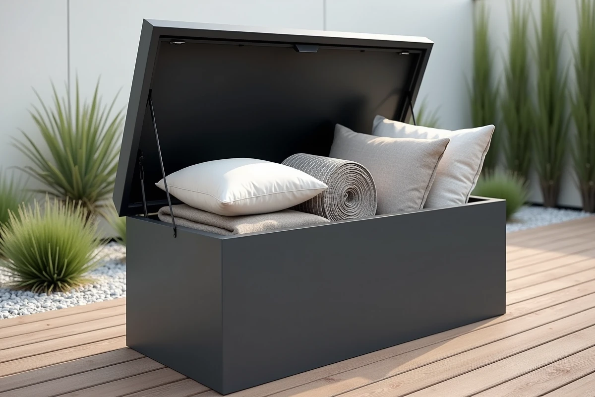 Coffre de rangement extérieur en résine anthracite ouvert sur une terrasse en bois moderne avec coussins et accessoires de jardin rangés à l'intérieur