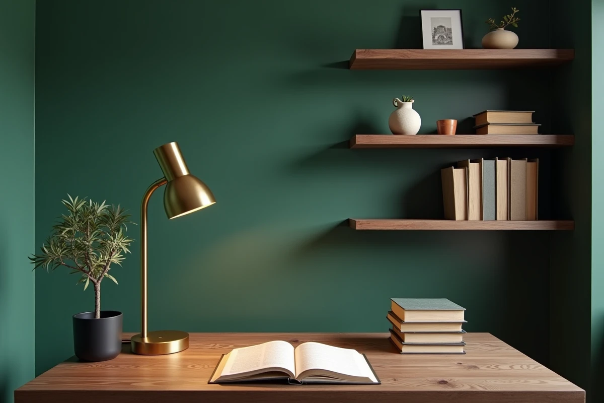 Coin bureau à domicile élégant avec mur en chaux vert forêt, étagères en noyer et accessoires décoratifs tendance