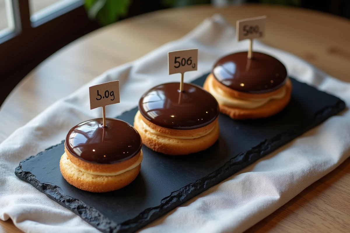 Trois religieuses au chocolat de tailles différentes sur une ardoise avec étiquettes de poids en grammes, illustrant les variations de grammage en pâtisserie