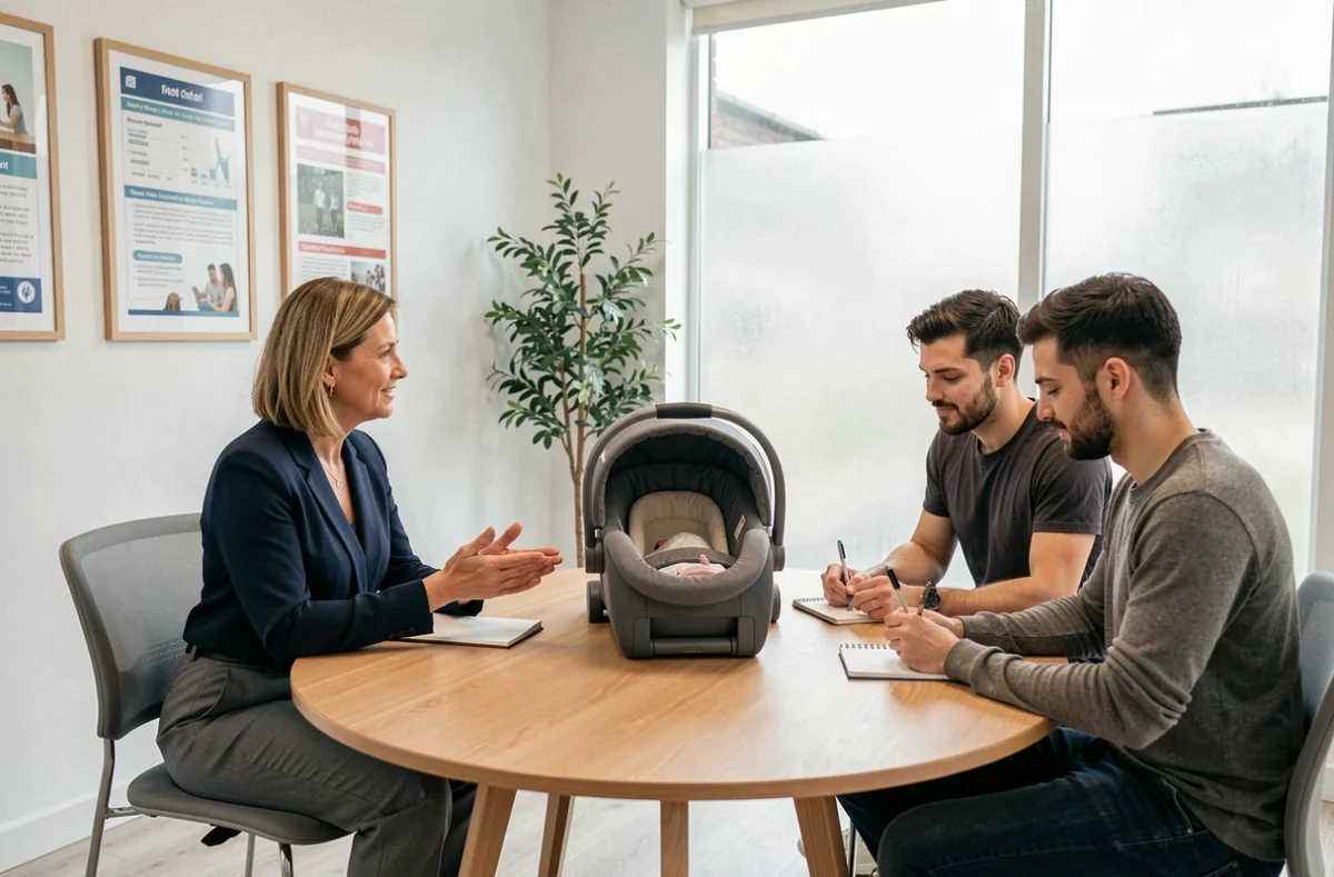 Consultante en accompagnement parental échangeant avec un couple de jeunes parents lors d'une séance de conseil