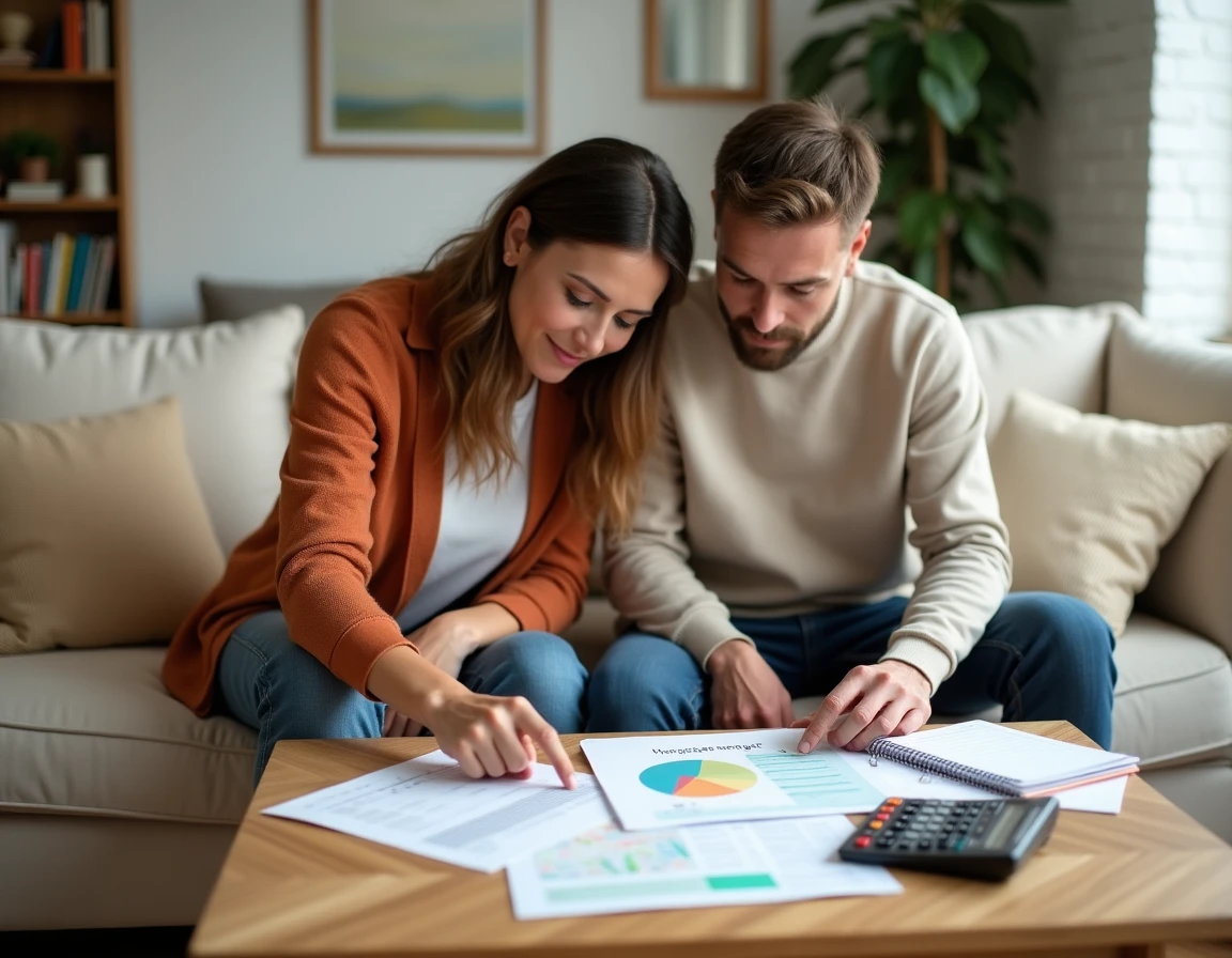 Couple révisant ensemble les charges et dépenses mensuelles de leur logement dans un salon cosy
