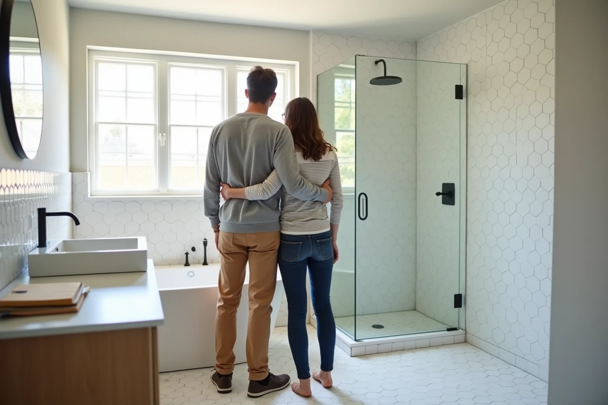 Couple admirant leur salle de bain après une rénovation complète avec carrelage moderne et douche à l'italienne