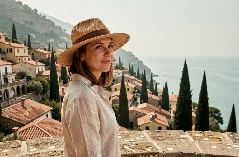 Voyageuse contemplant un village méditerranéen depuis une terrasse en pierre avec vue sur la mer turquoise