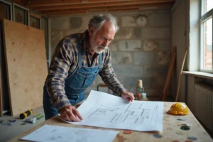 Entrepreneur en bâtiment étudiant des plans de rénovation dans une cuisine en chantier avec outils et matériaux de construction