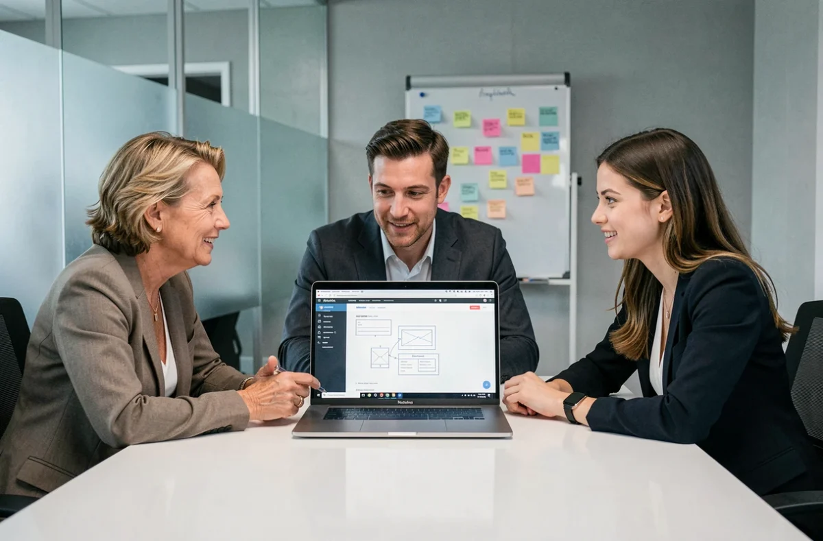 Équipe de professionnels collaborant sur une stratégie de présence web autour d'un ordinateur portable en salle de réunion
