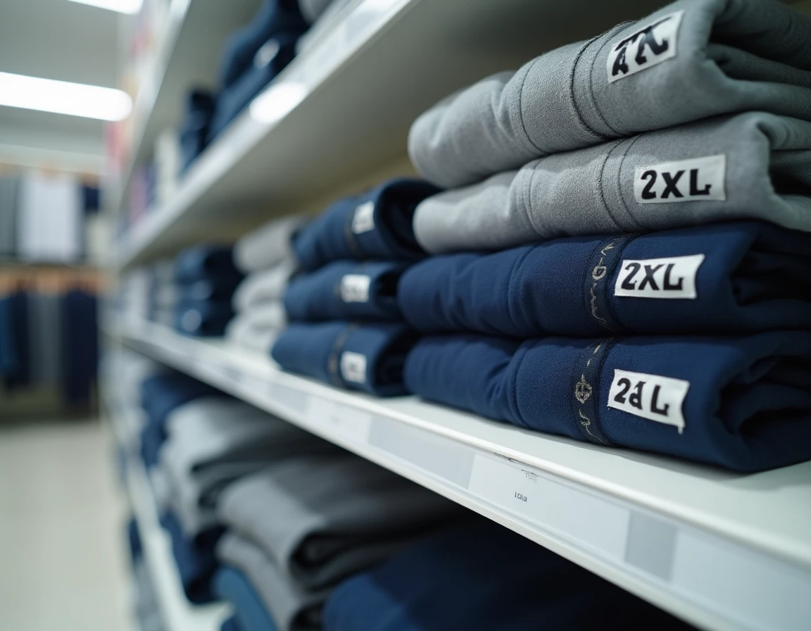 Étiquettes taille 2XL sur des vêtements pliés en boutique, guide visuel pour choisir sa taille en grande taille