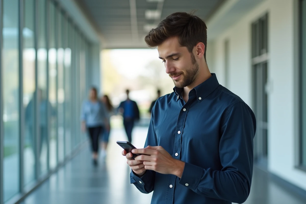 Étudiant accédant à l'espace étudiant MyCampus Eduservices depuis son smartphone dans un couloir universitaire