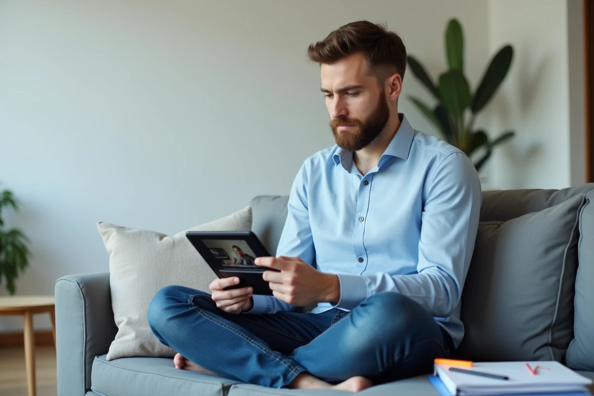 Homme étudiant un cours en ligne pour devenir éducateur de jeunes enfants depuis son salon