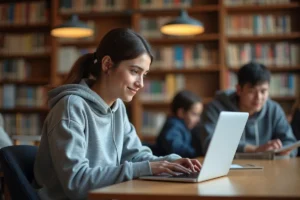 Étudiante connectée à l'espace MyCampus Eduservices sur son ordinateur portable dans une bibliothèque universitaire