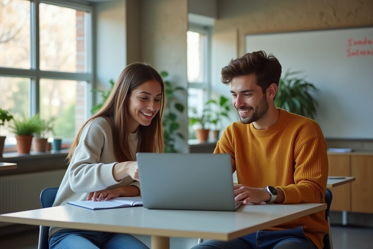 Deux étudiants naviguant ensemble sur l'espace MyCampus Eduservices sur un ordinateur portable dans une salle commune universitaire