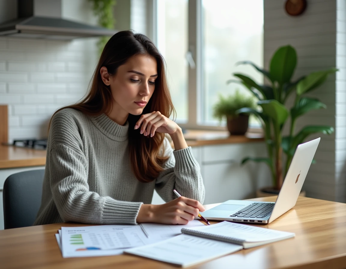 Femme analysant son budget mensuel de logement avec des factures et un ordinateur portable sur une table en bois