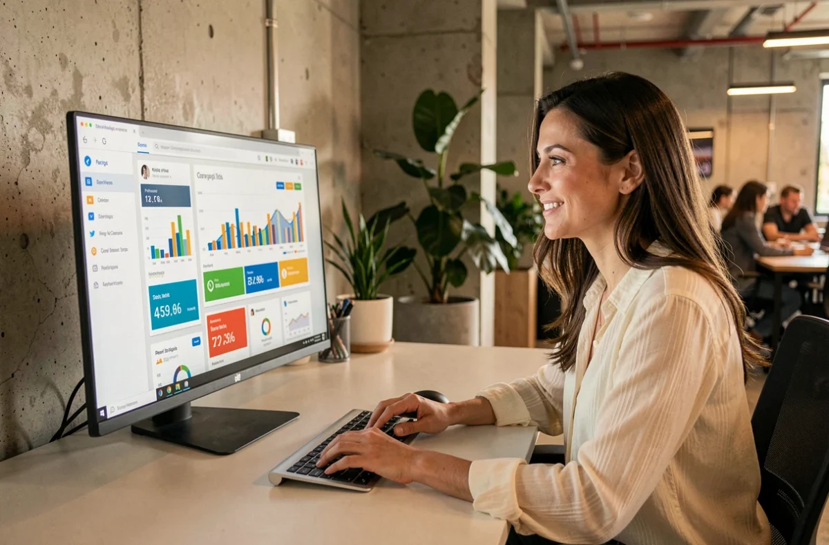 Femme professionnelle analysant des tendances web sur un tableau de bord numérique dans un bureau moderne