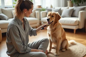 Femme qui brosse son golden retriever dans un salon moderne, conseils de toilettage pour animaux de compagnie