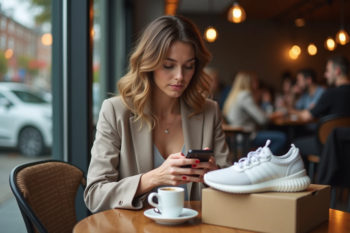 Femme au café consulte son smartphone avec une boîte de sneakers à côté