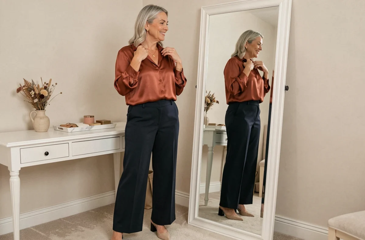 Femme mature aux cheveux argentés essayant des accessoires devant un miroir dans un dressing élégant