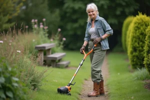 Femme d'âge moyen utilisant une débroussailleuse dans le jardin