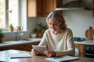 Femme d'âge moyen lisant des actualités sur une tablette dans la cuisine