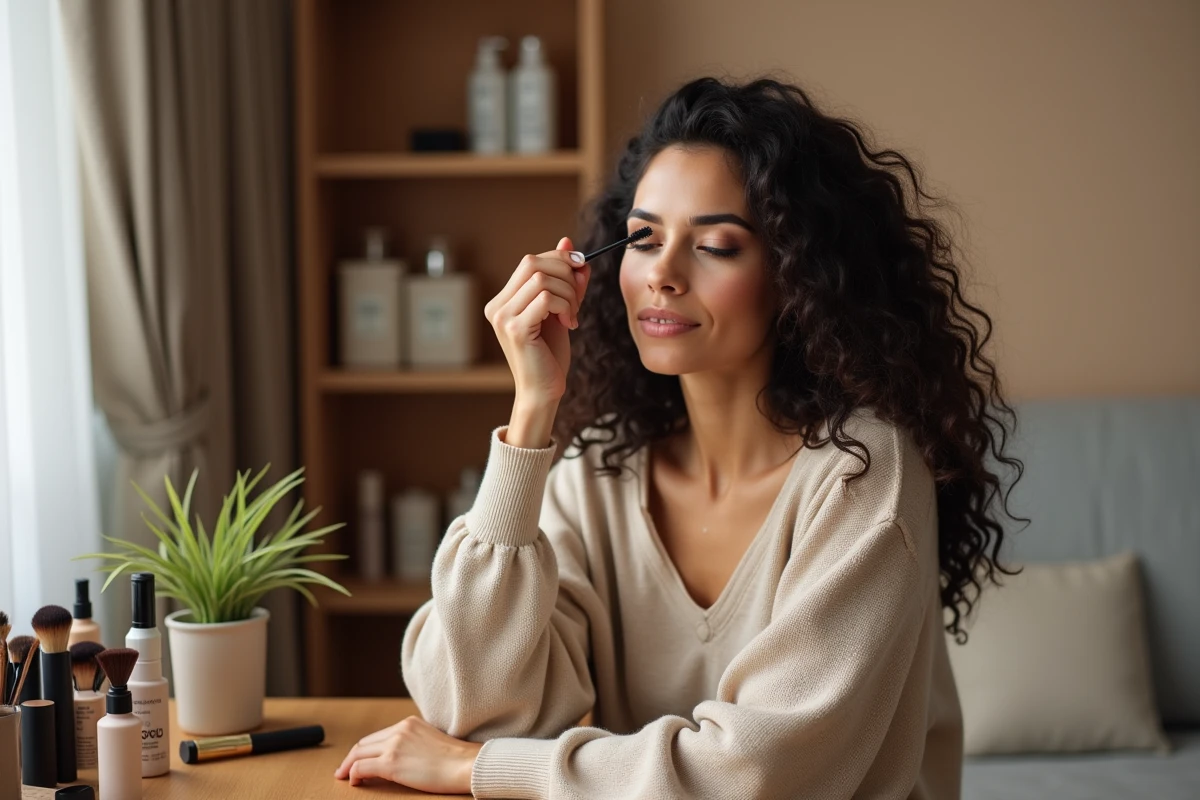 Femme appliquant du mascara à une coiffeuse en bois avec des produits de maquillage, astuces beauté au quotidien