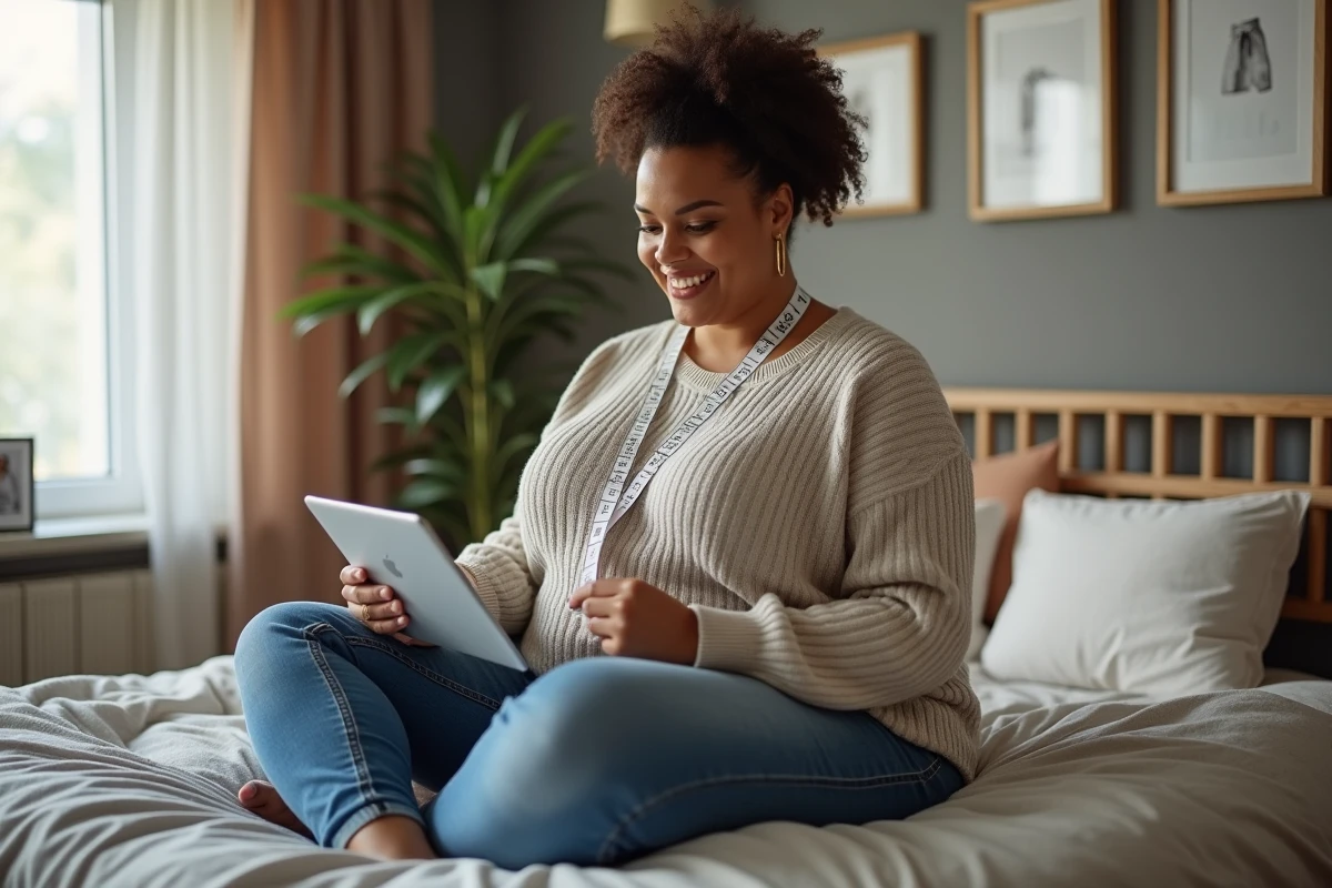Femme en 7XL mesurant ses vêtements à la maison