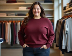 Femme portant un pull taille 2XL bien ajusté dans une boutique de vêtements, illustrant le guide des tailles grandes