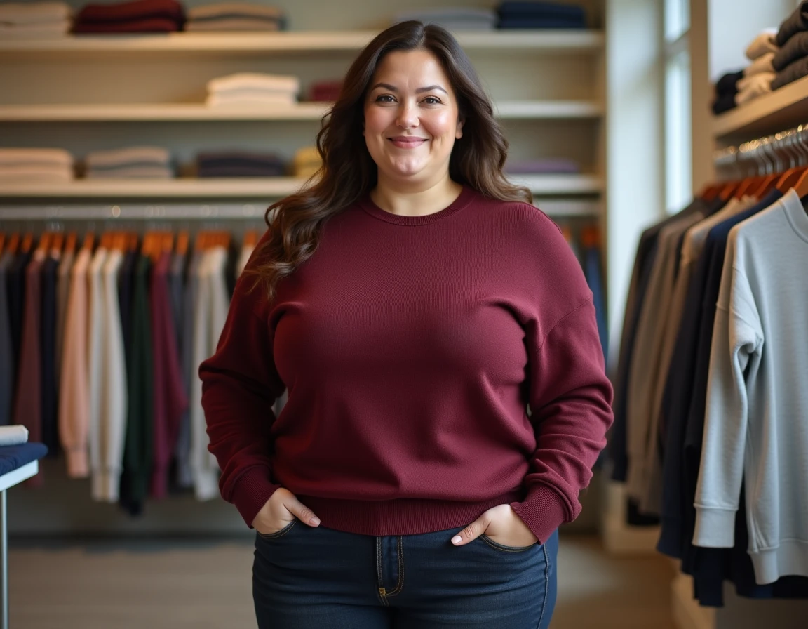 Femme portant un pull taille 2XL bien ajusté dans une boutique de vêtements, illustrant le guide des tailles grandes