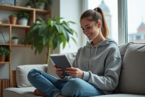 Jeune femme souriante avec tablette dans un salon moderne