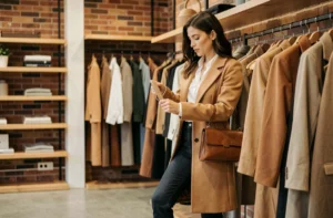 Femme élégante en manteau camel feuilletant des vêtements dans une boutique de mode moderne aux murs en briques