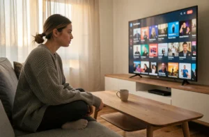 Jeune femme naviguant sur une nouvelle plateforme de streaming depuis son canapé devant une smart TV