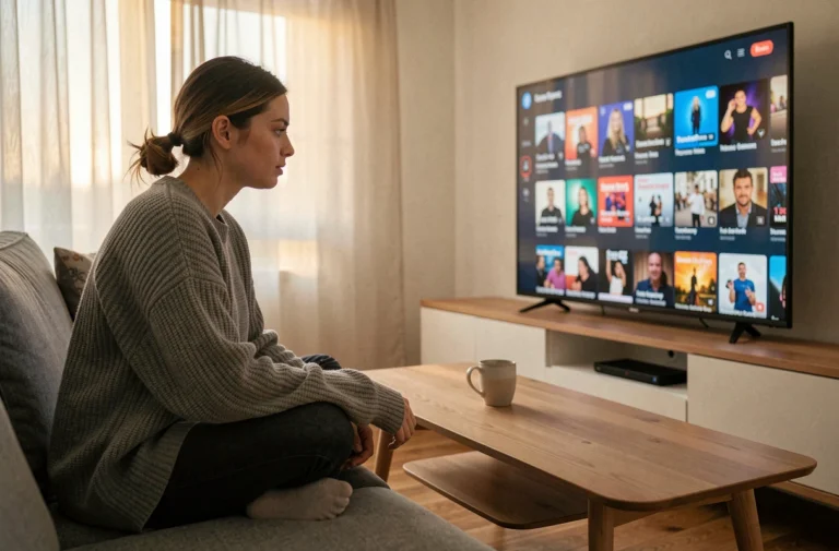 Jeune femme naviguant sur une nouvelle plateforme de streaming depuis son canapé devant une smart TV
