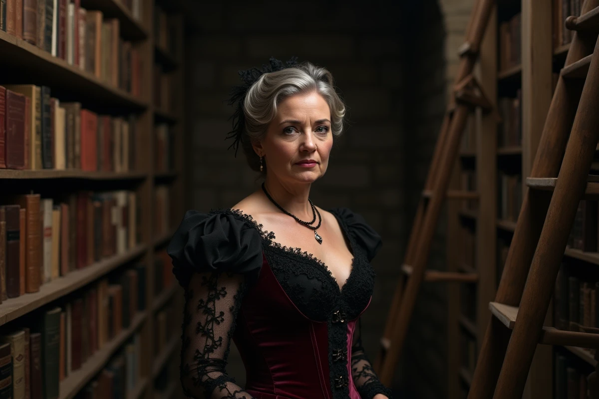 Femme en costume victorien sombre dans une bibliothèque ancienne illustrant l'univers mystérieux du féminin de diable dans l'histoire