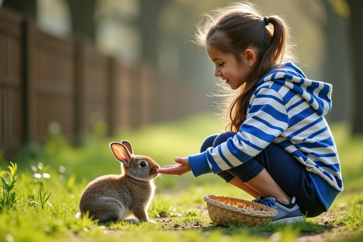 Jeune fille qui nourrit un lapin dans un parc, conseils de bien-être pour les petits animaux de compagnie