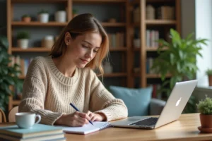 Femme adulte suivant une formation éducateur de jeunes enfants à distance sur son ordinateur portable à domicile