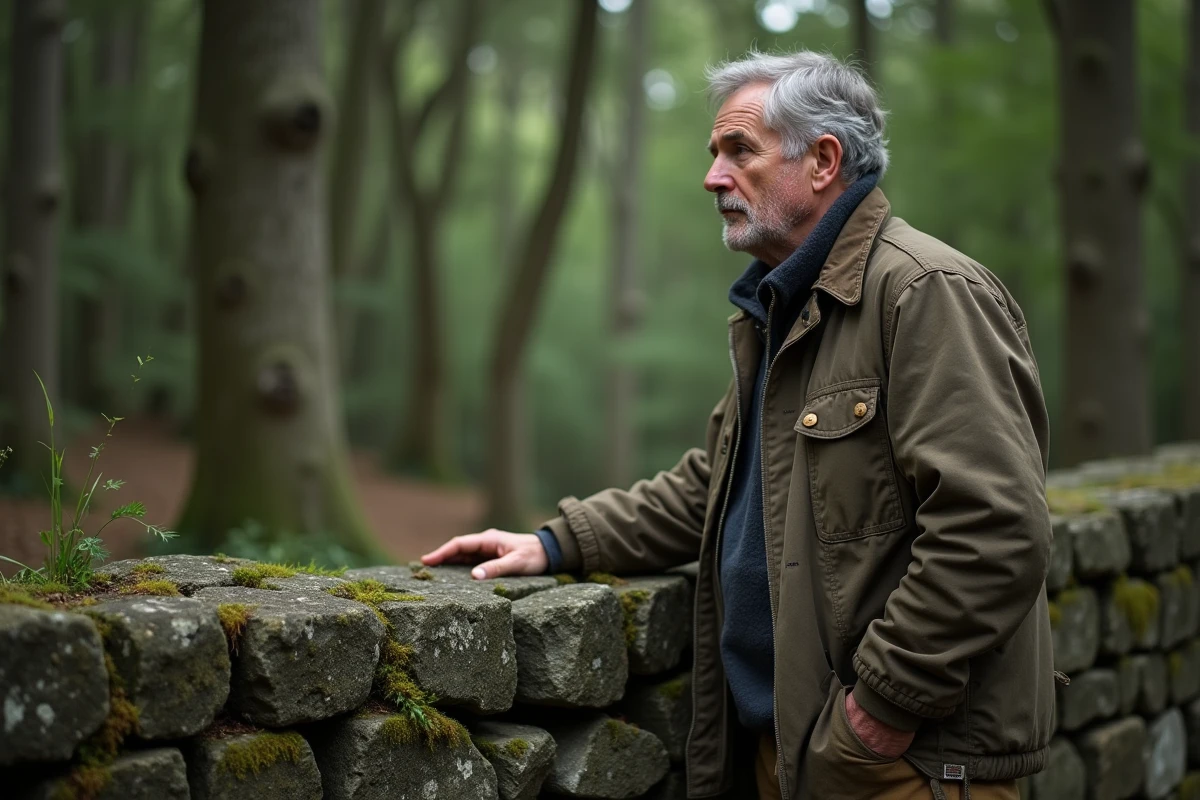 Gestionnaire du domaine privé appuyé contre un vieux mur de pierre en forêt, incarnant la mémoire et la gestion d'un territoire ancestral français