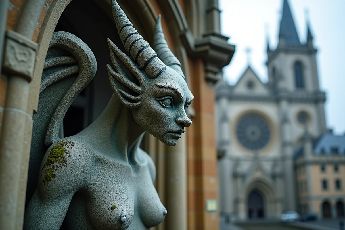 Sculpture de gargouille gothique aux traits féminins sur une cathédrale ancienne symbolisant le mythe du féminin de diable dans l'architecture religieuse