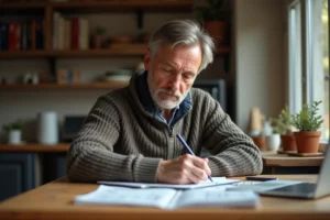 Homme d'âge moyen analysant journaux de course dans une cuisine chaleureuse