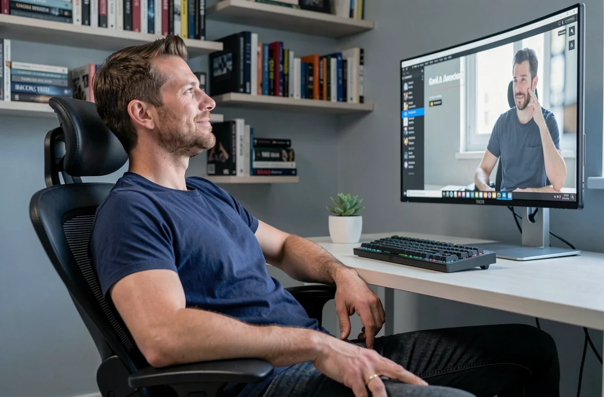 Homme regardant du contenu en streaming sur son ordinateur dans un bureau à domicile moderne