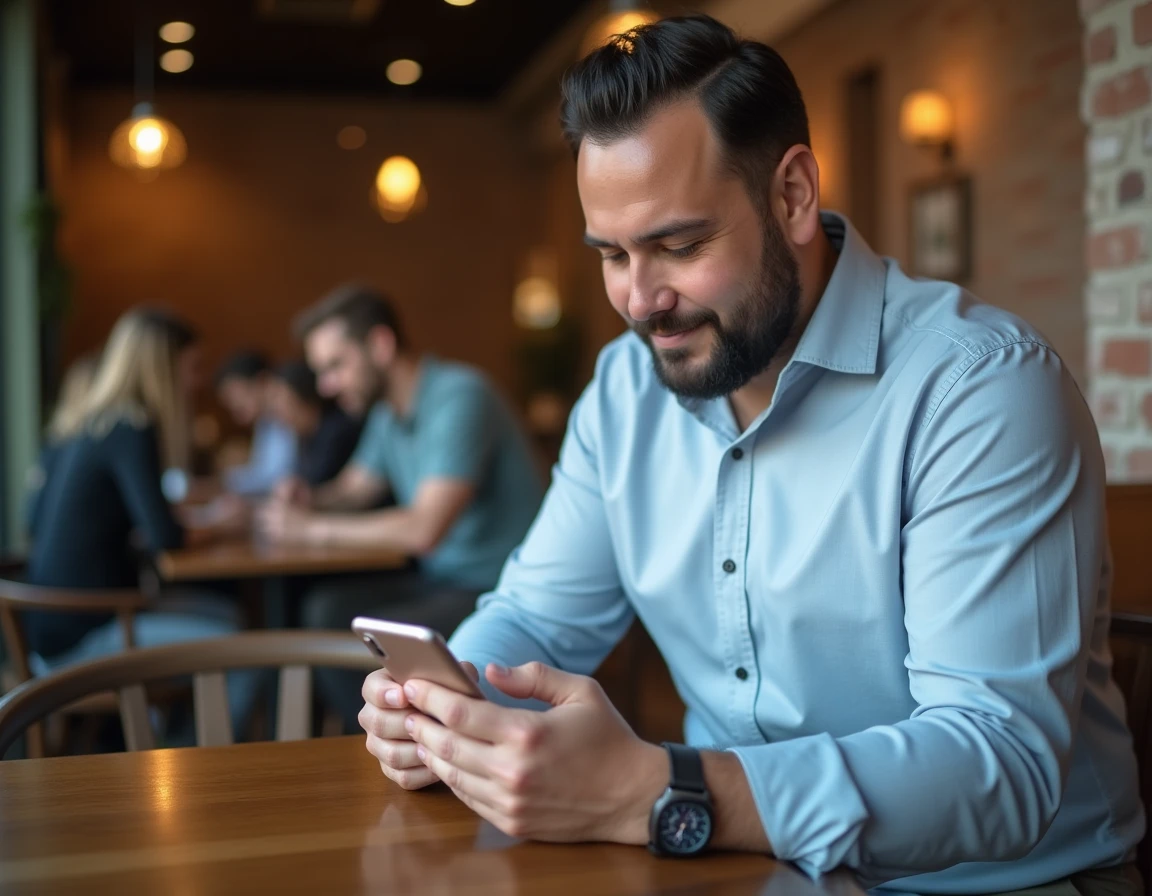 Homme en chemise taille 2XL assis dans un café, exemple de tenue grande taille bien ajustée pour homme