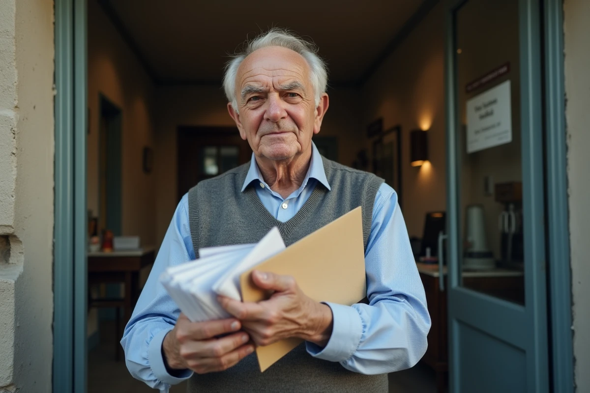 Homme âgé tenant des enveloppes devant un bureau de poste extérieur