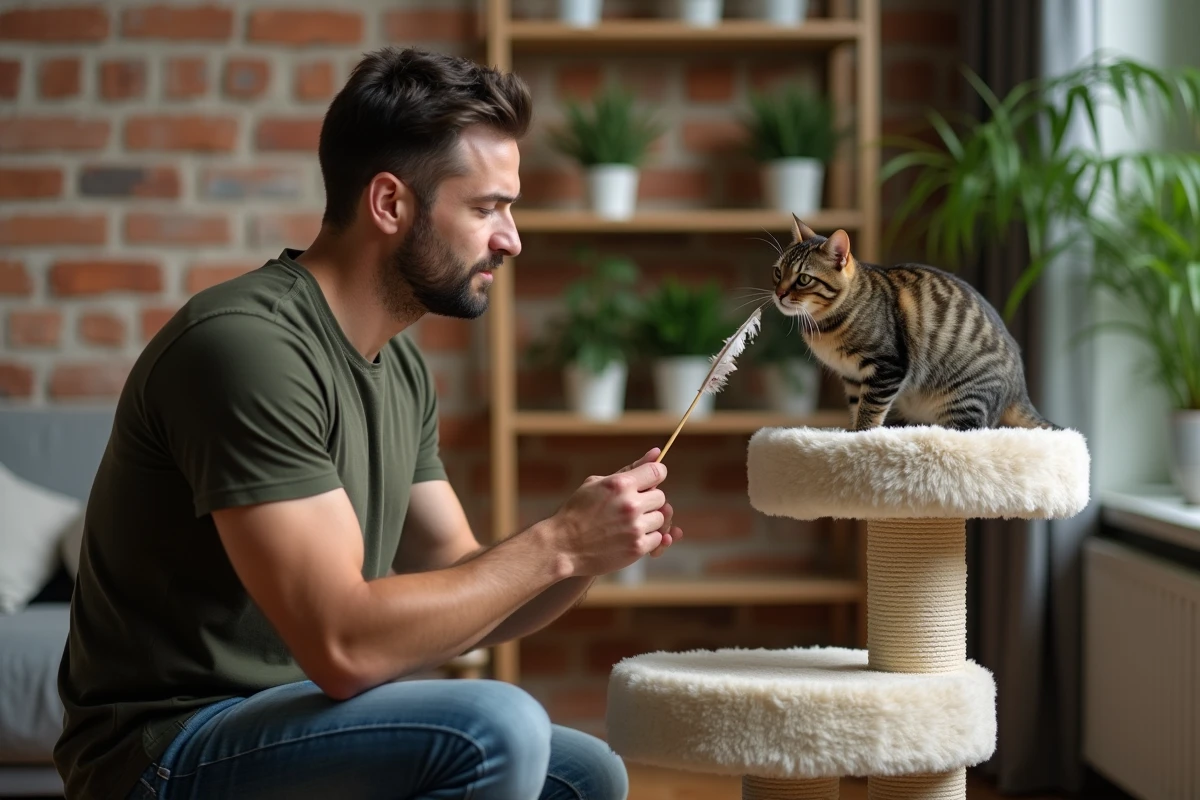 Homme jouant avec son chat tigré sur un arbre à chat dans un appartement, éducation et bien-être du chat