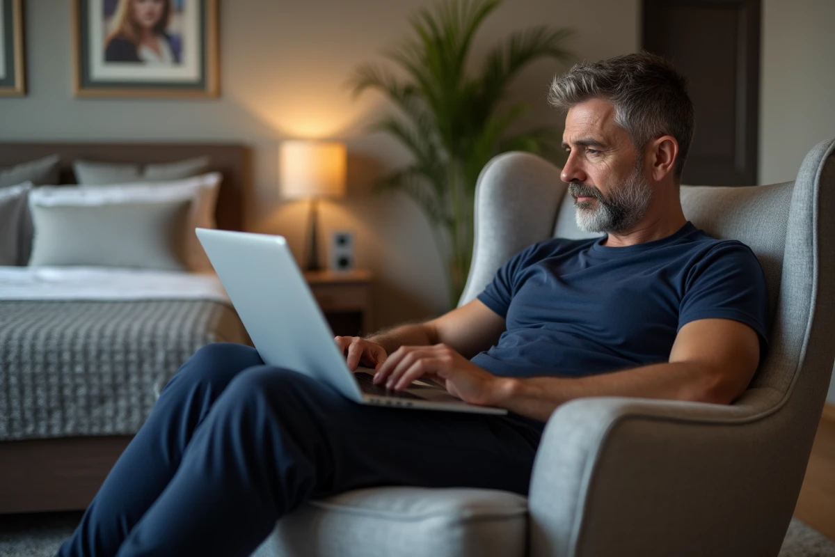 Homme détendu avec ordinateur portable dans une chambre cosy