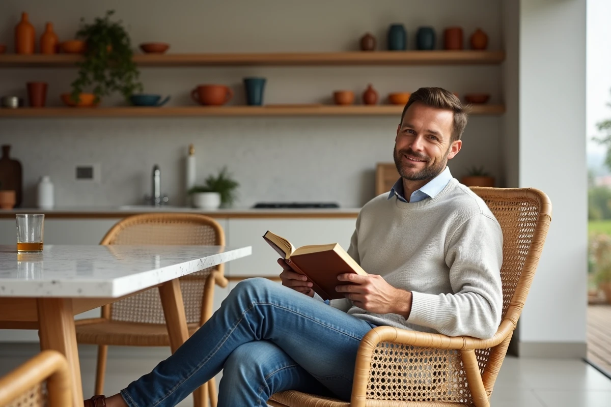 Homme lisant dans une salle à manger minimaliste